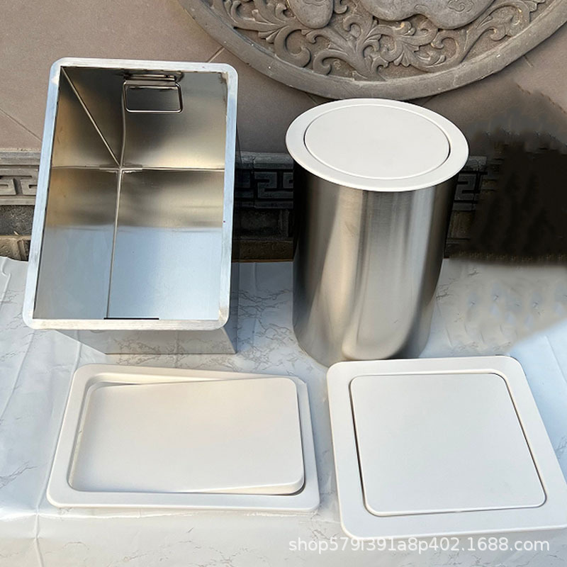 Stainless Steel Trash Can with Flip-Top Lid for Bathroom, Built-In Cover for Kitchen Waste Disposal, Wall-Mounted Commercial Cleaning Bin Stainless Steel Trash Can with Flip-Top Lid for Bathroom, Built-In Cover for Kitchen Waste Disposal, Wall-Mounted Commercial Cleaning Bin