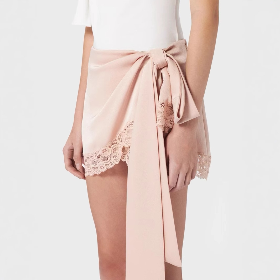 High Version Blu *** Beautiful Satin Lace Bow Skirt Joker Slim Elegant Irregular Skirt