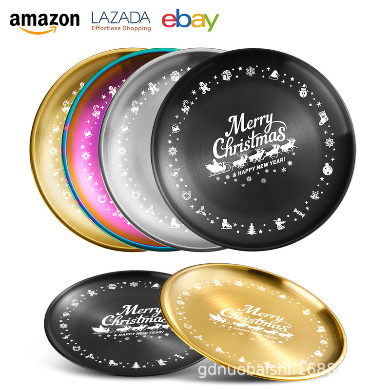 Cross-Border Temu New Product Christmas Stainless Steel Dinner Plate 20cm Laser Engraving Pattern Christmas Party Gift Giving