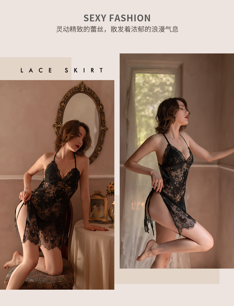 Teasing Lace Backless Lingerie Set with Sheer Split Design in Pink — detail image 8