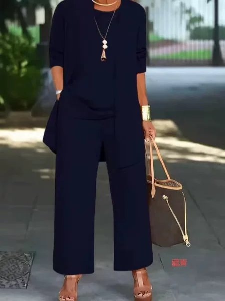 2026 New European and American Style Solid Color Three-Piece Casual Suit for Women, Cardigan, Wide-Leg Pants, Fashionable Workwear, Cross-Border Hot Sale