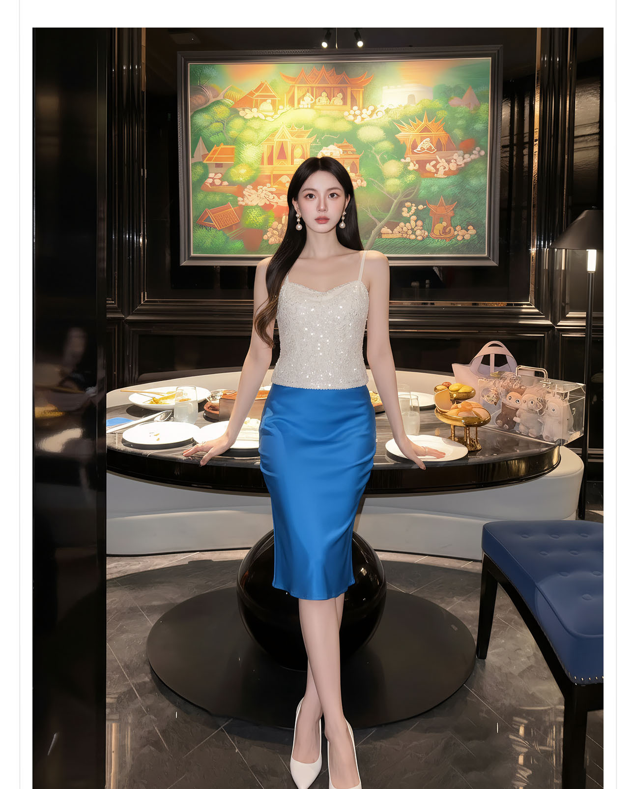 Chân váy xếp ly nữ phong cách Trung Hoa mới, dáng xòe thanh lịch — màu đen, màu xanh hồ, màu hồng, màu hồng đậm chi tiết 11