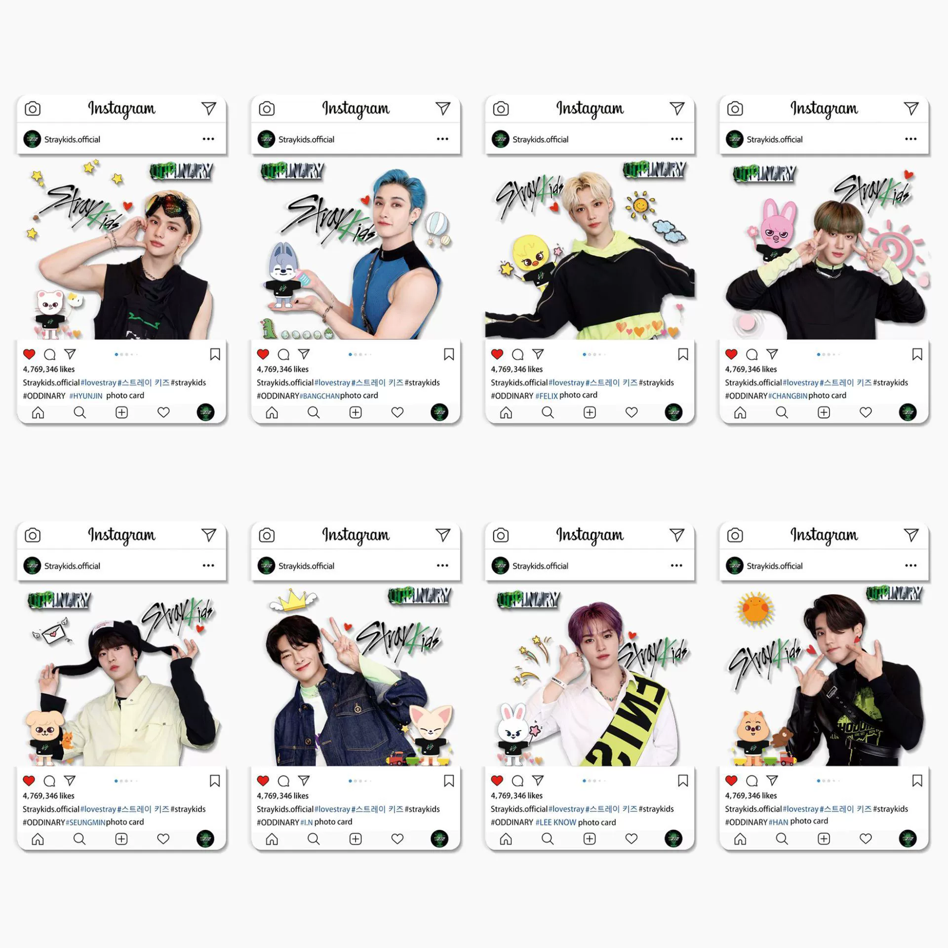 Прозрачный набор фотокарт из ПВХ (StrayKids), 8 карточек, 8.5×5.3 см, упакованы по отдельности в OPP