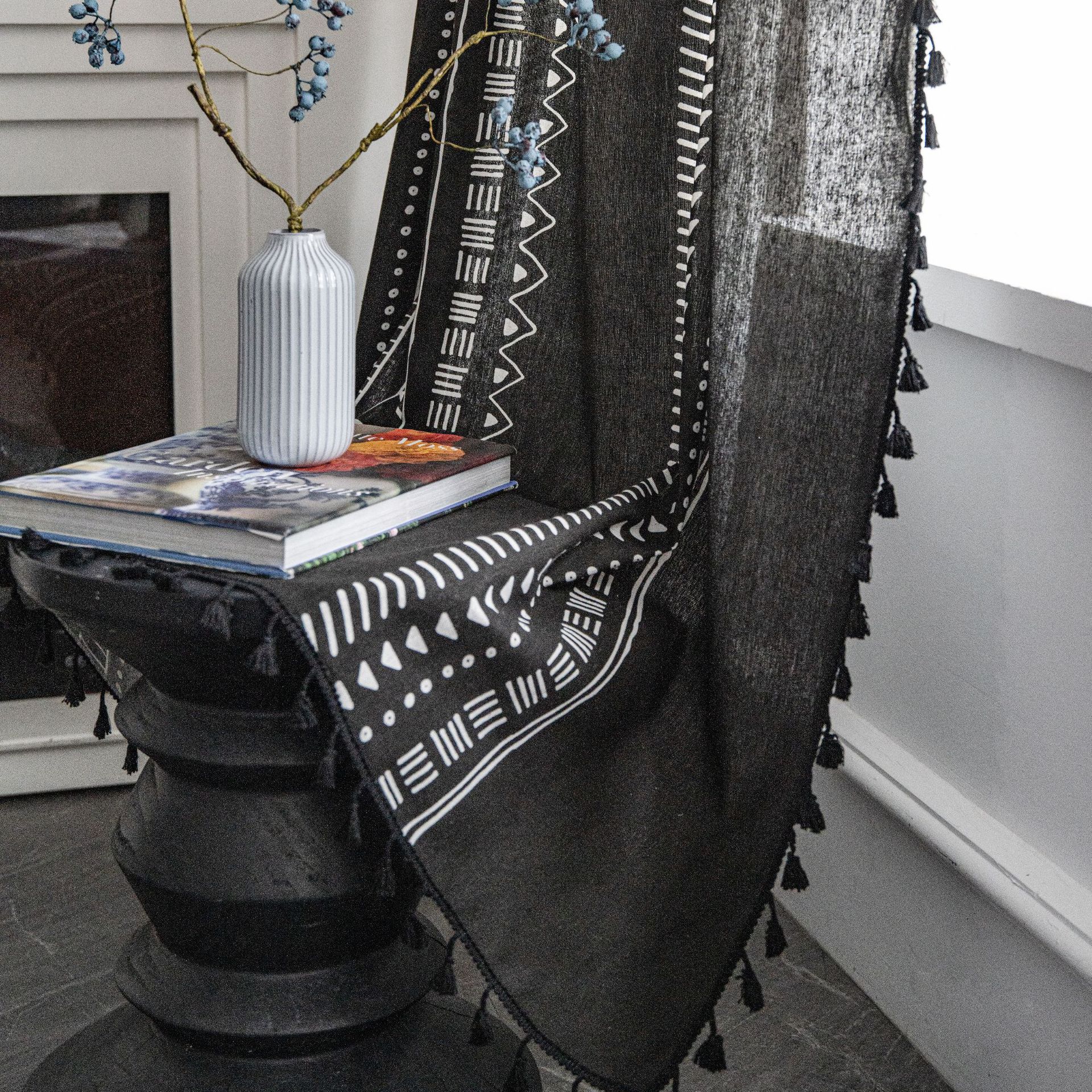 伊缦琪韵窗帘成品棉麻厨房窗帘部落格风格黑白印花飘窗窗帘