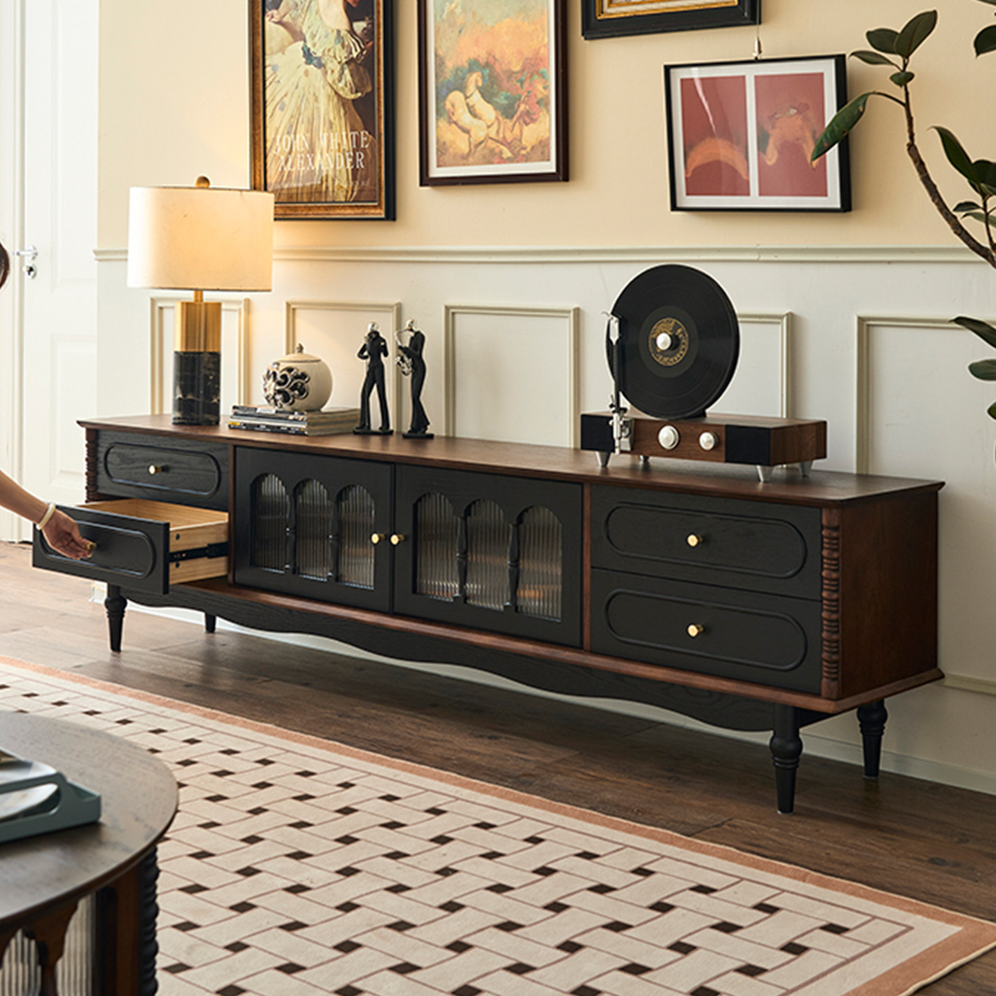 French Retro Solid Wood Northon Coffee Table Small Apartment Mid-Century Style Living Room Home Tv Cabinet Combination American Oval