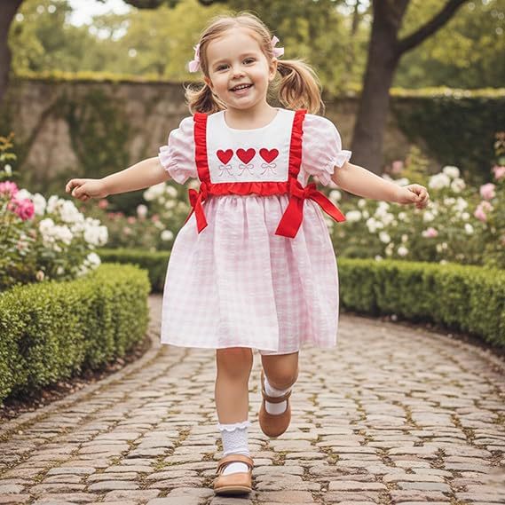 Amazon Foreign Trade Best-Selling Valentine's Day Girls' Short-Sleeved Embroidered Love Bow Dress