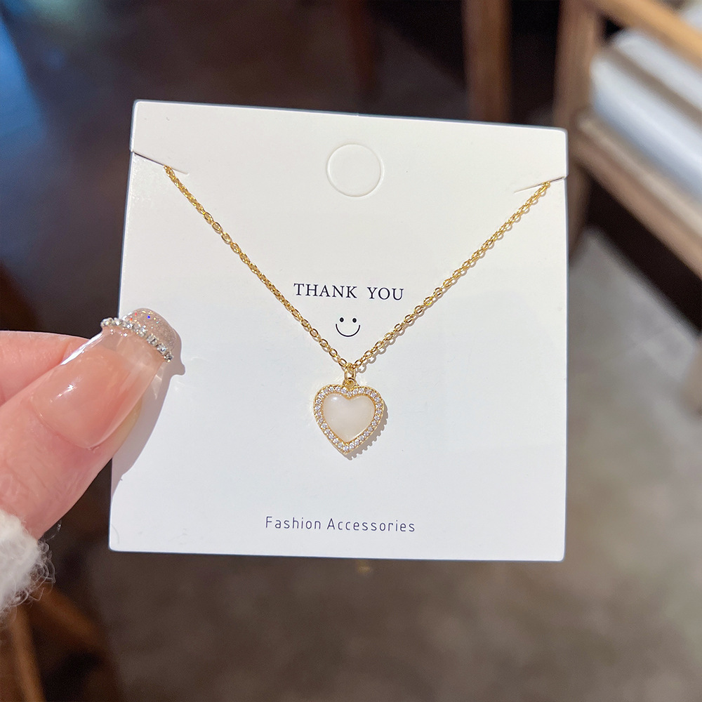 Fashion Heart Shape opal Titanium Steel Inlay Rhinestones Pendant Necklace 1 Piece