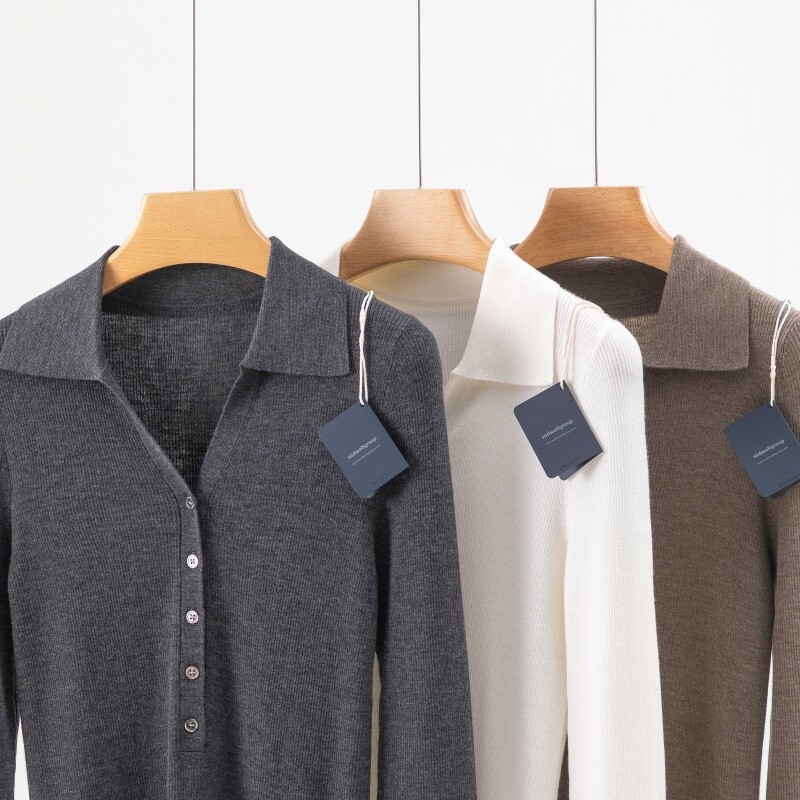 Yangzi fine-spun 100% fine wool polo collar knitted base shirt for women, slim-fit, thin sweater for inner wear and commuting Yangzi fine-spun 100% fine wool polo collar knitted base shirt for women, slim-fit, thin sweater for inner wear and commuting
