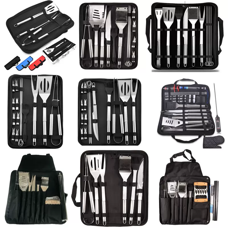 BBQ烧烤工具套装不锈钢烧烤叉铲夹刷牛津布袋户外烤具组跨境货源