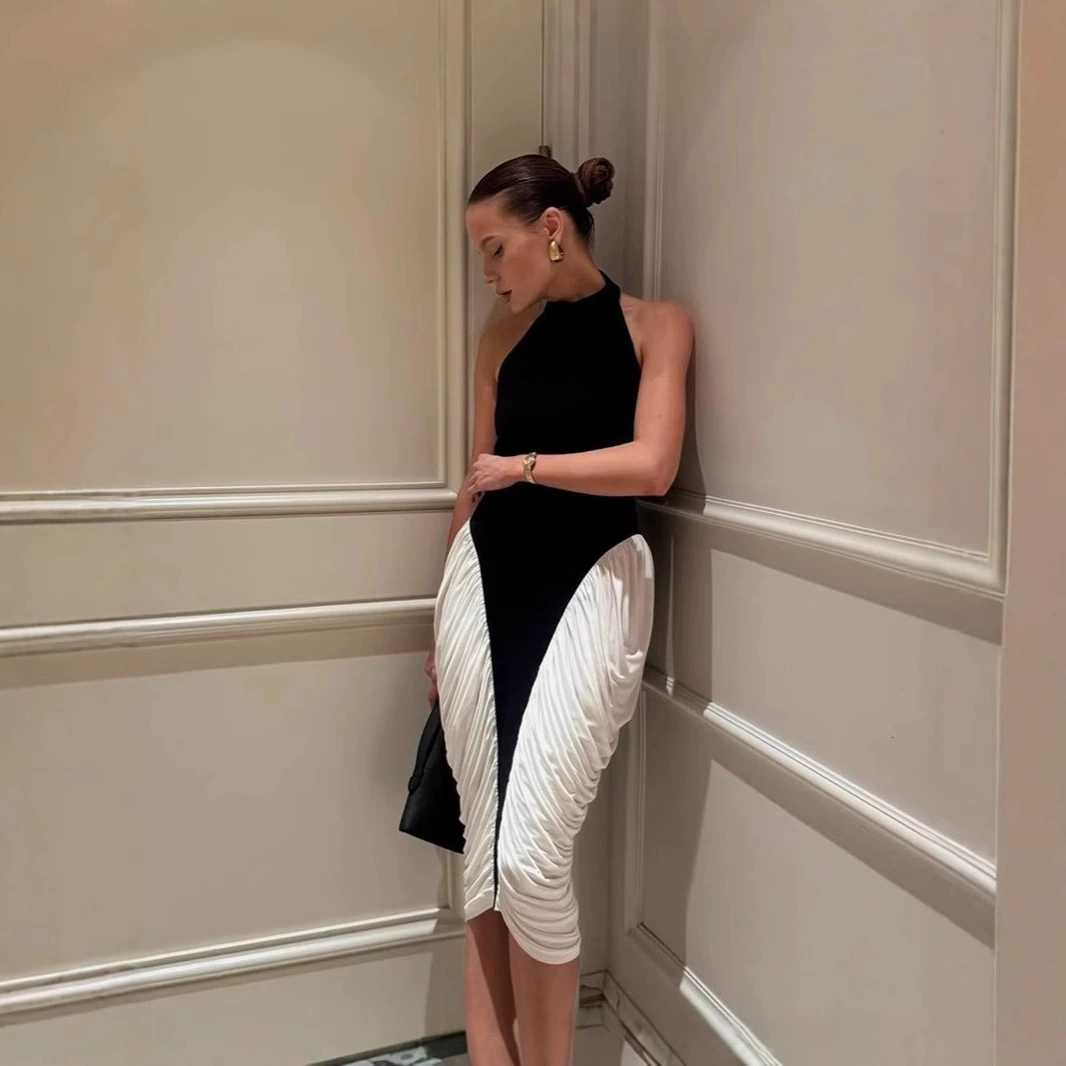 Ранняя лето 2025 года. Новые европейские и американские трансграничные товары, персонализированное и элегантное женское облегающее талию платье с цветными блоками для похудения.