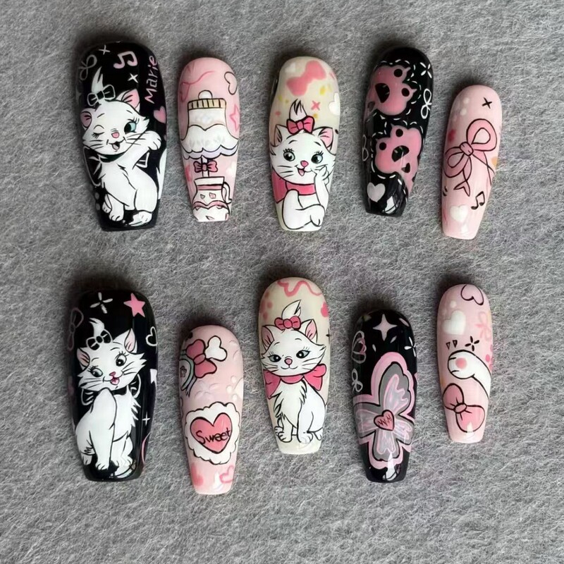 Wearable Nails Pink and Black Sweet Cool Cartoon Glitter Abstract Line Art Medium Length Beauty Fake Nail Patches Wholesale Factory