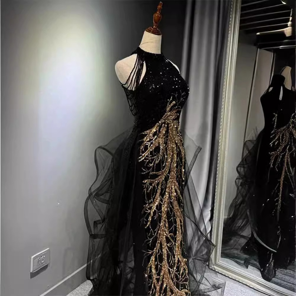 Nuevo vestido de noche negro de alta calidad temperamento delgado celebridad anfitriona vestido de bodas de cauda de pescado colgado vestido de brindis de otoño