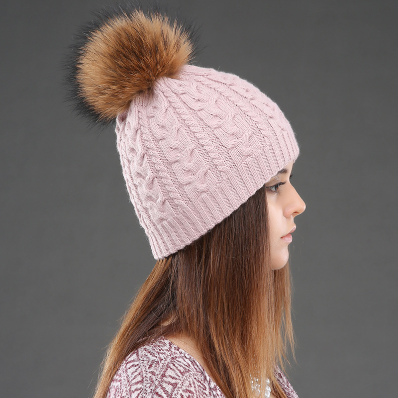 Cappello da donna in lana a doppio strato invernale caldo Fried Dough Twists lavorato a maglia pullover con vero cane procione cappello di lana_voghion.com
