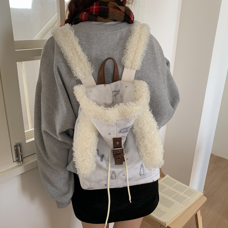 Retro cute rabbit, backpack, bag strap, velvet hat, drawstring, simple and elegant design