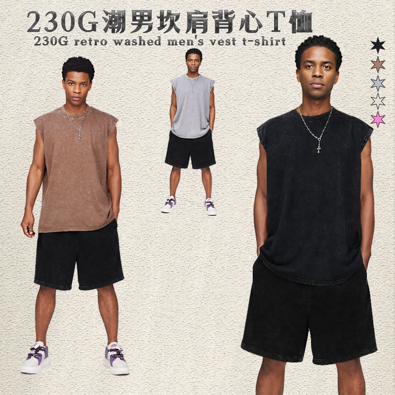 2025款跨境美式潮牌街头纯棉洗水做旧无袖背心男休闲潮流坎肩T恤