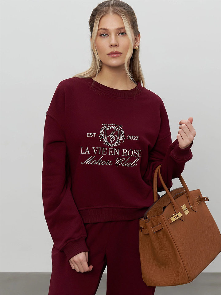 Bộ đôi áo nỉ thêu và quần dài nữ phong cách casual — Màu trắng nhạt, Màu xanh hải quân, màu xám, nâu sẫm chi tiết 43