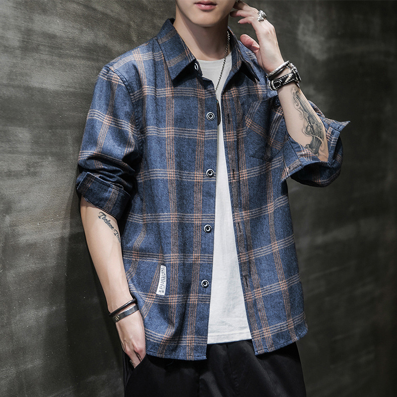 Otoño nuevo estilo coreano de moda Plaid serie camisa exterior de los hombres japonés juventud camisa de manga larga ropa superior