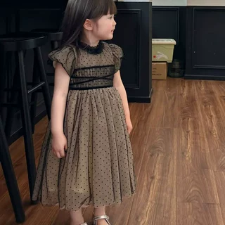女童连衣裙夏装2025新款儿童裙子女孩黑色圆点公主裙时髦网纱裙潮