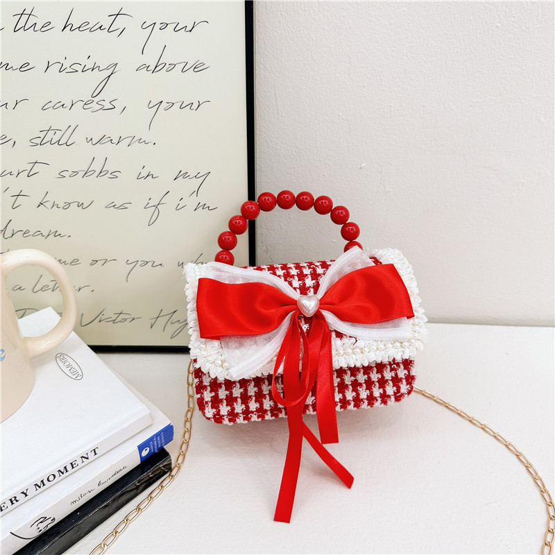 Año Nuevo gran bolso cuadrado rojo para niños bolso de perla bebé lindos bolso de cadena de arco bolso de cambio de niñas