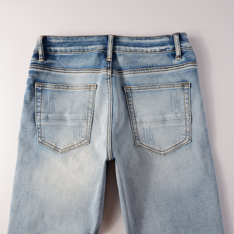 Herrenbekleidung im gleichen Stil, Katzenschnurrhaare, zerknitterte Farbe, Patchwork, Lederpatch, Loch, elastische Slim Fit-Röhrenjeans_voghion.com