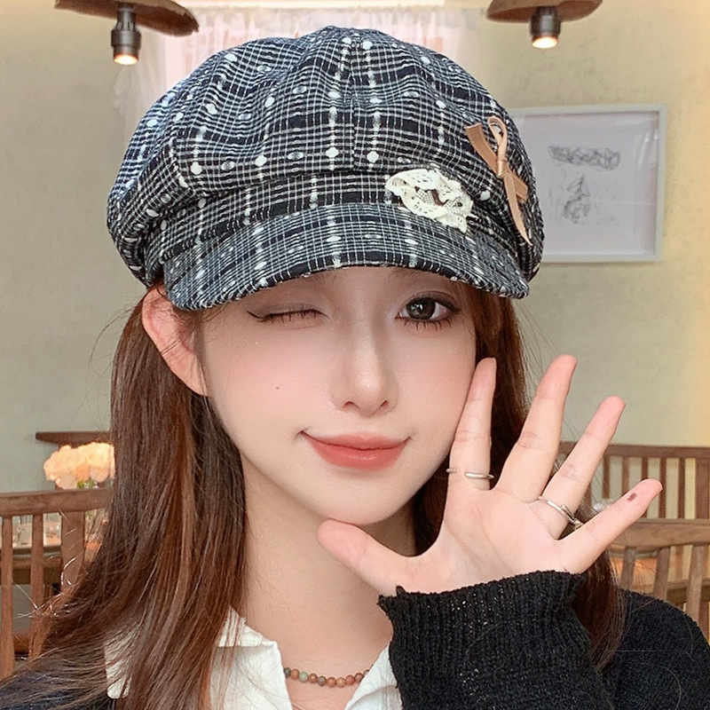 韩版秋季爱心蕾丝蝴蝶结格子贝雷帽子女甜美文艺百搭高级感画家帽|undefined