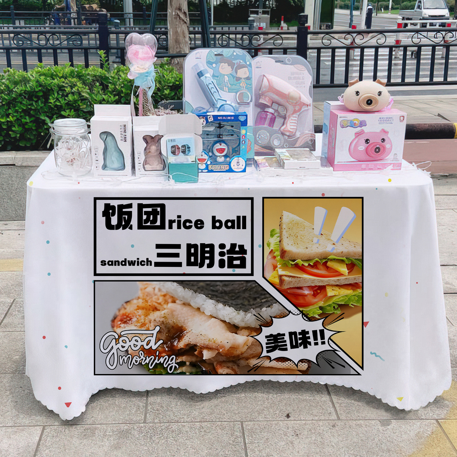 Sándwich de arroz toal de mesa publicitaria toal de mesa publicitaria de mercado nocturno toal de mesa de carro toal de mesa de carretera