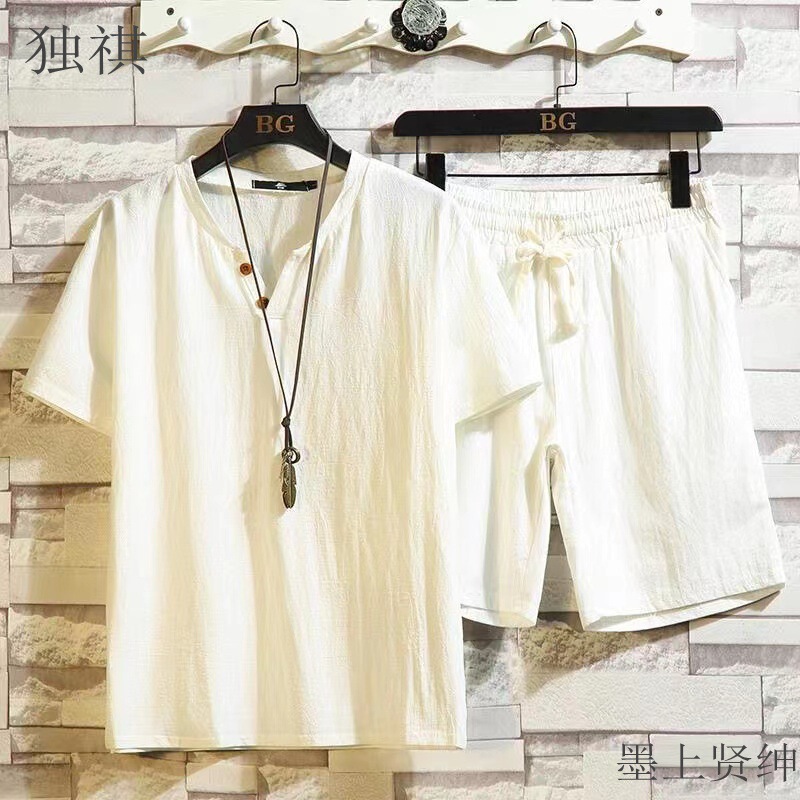 Factory wholesale cotton linen short sleeve shorts suit men Chinese style plus size V-neck t-shirt casual sports linen two-piece set Factory wholesale cotton linen short sleeve shorts suit men Chinese style plus size V-neck t-shirt casual sports linen two-piece set