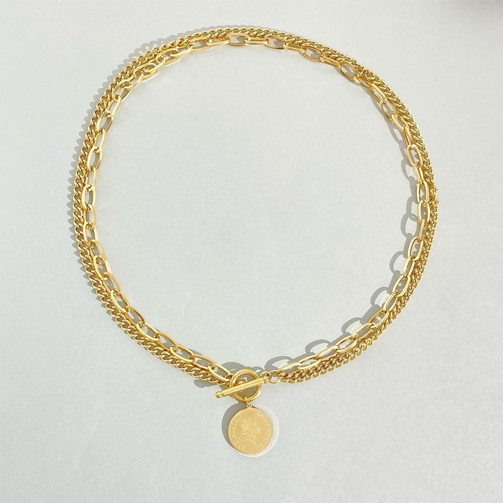 Fashion Retro Gold Coin Double Layer Chain Necklace Hip Hop Titanium Steel Metallic Chain_colorza_4
