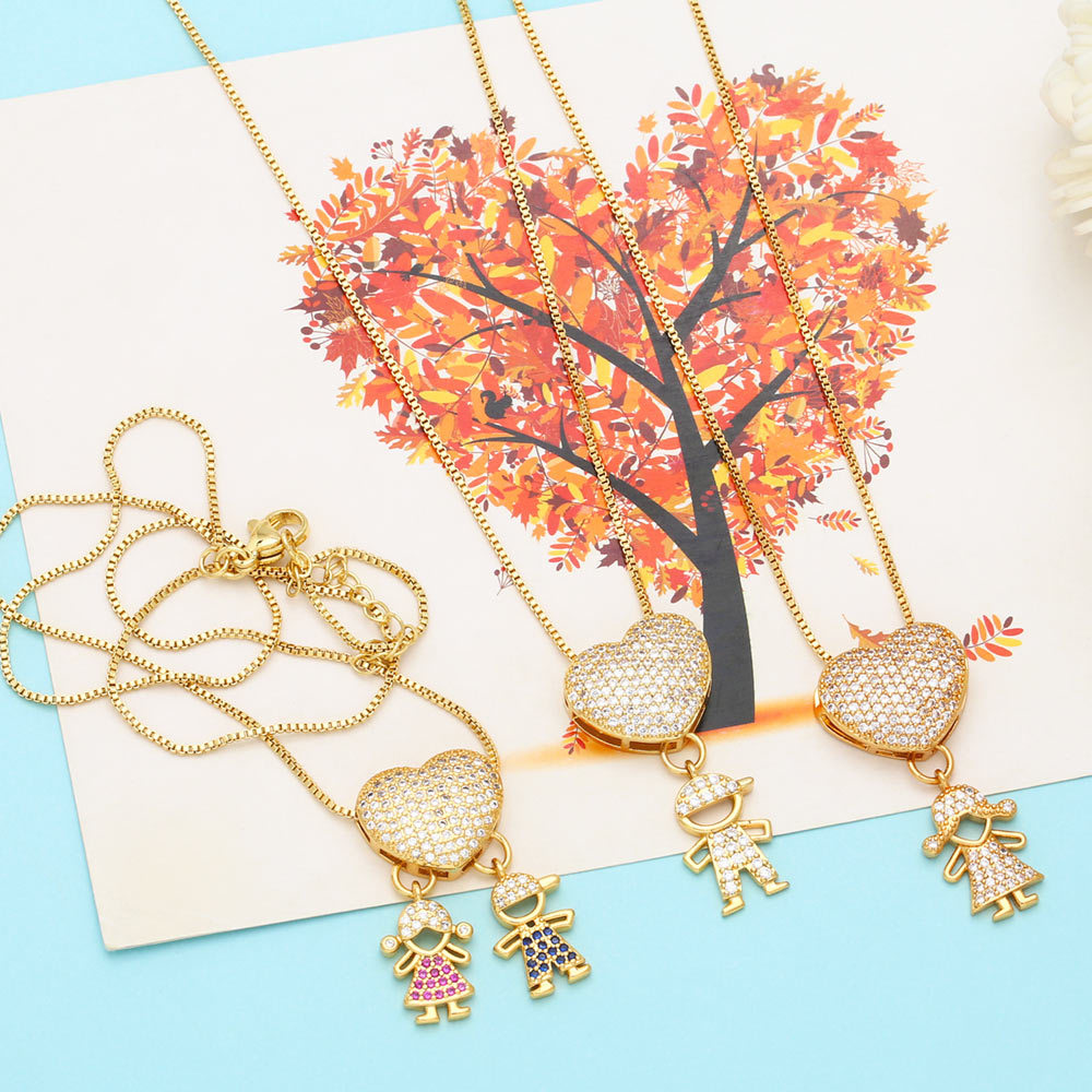 Copper Material Human, Heart Shape Pattern Couple Gender Plating, Inlay Design Fashion Human Heart Shape Copper Plating Inlay Zircon Pendant Necklace 1 Piece