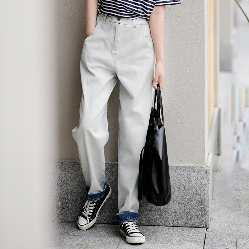 浅色牛仔裤宽松挽边显瘦直筒高腰休闲水洗撞色翻边2026气质通勤