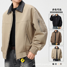 卡其色大码夹克男装春秋季2025新款插色翻领防棉户外加肥加大潮牌