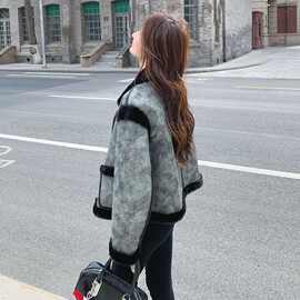 UNMUN新款皮毛一体毛毛外套女冬季加厚宽松机车服上衣仿羊羔毛皮