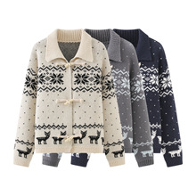 B1YUE-55330提花牛角扣毛衣外套2025秋新款复古翻领宽松针织开衫