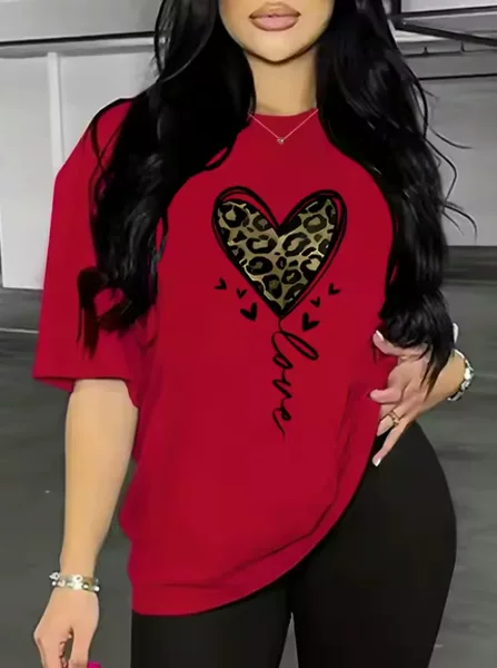 European and American Cross-Border Export Round Neck Short-Sleeved Heart Leopard Print Pattern Love Printed Summer New T-Shirt Women's Shirt