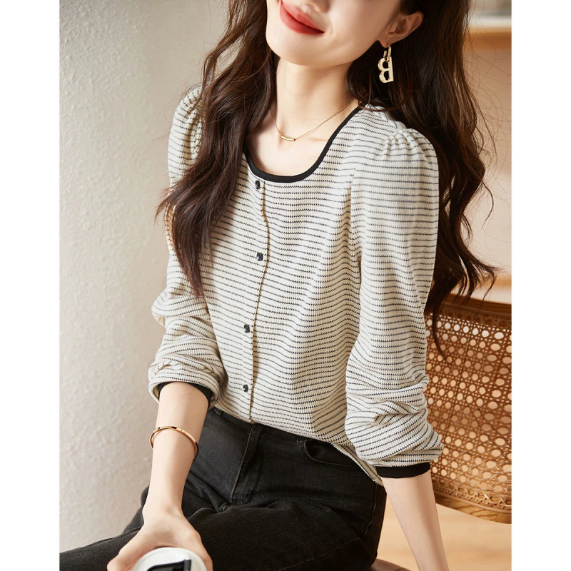 В наличии Женский трикотажный эластичный Топ контрастного цвета в полоску, Новинка осени 2023, Повседневная простая универсальная базовая футболка с длинными рукавами