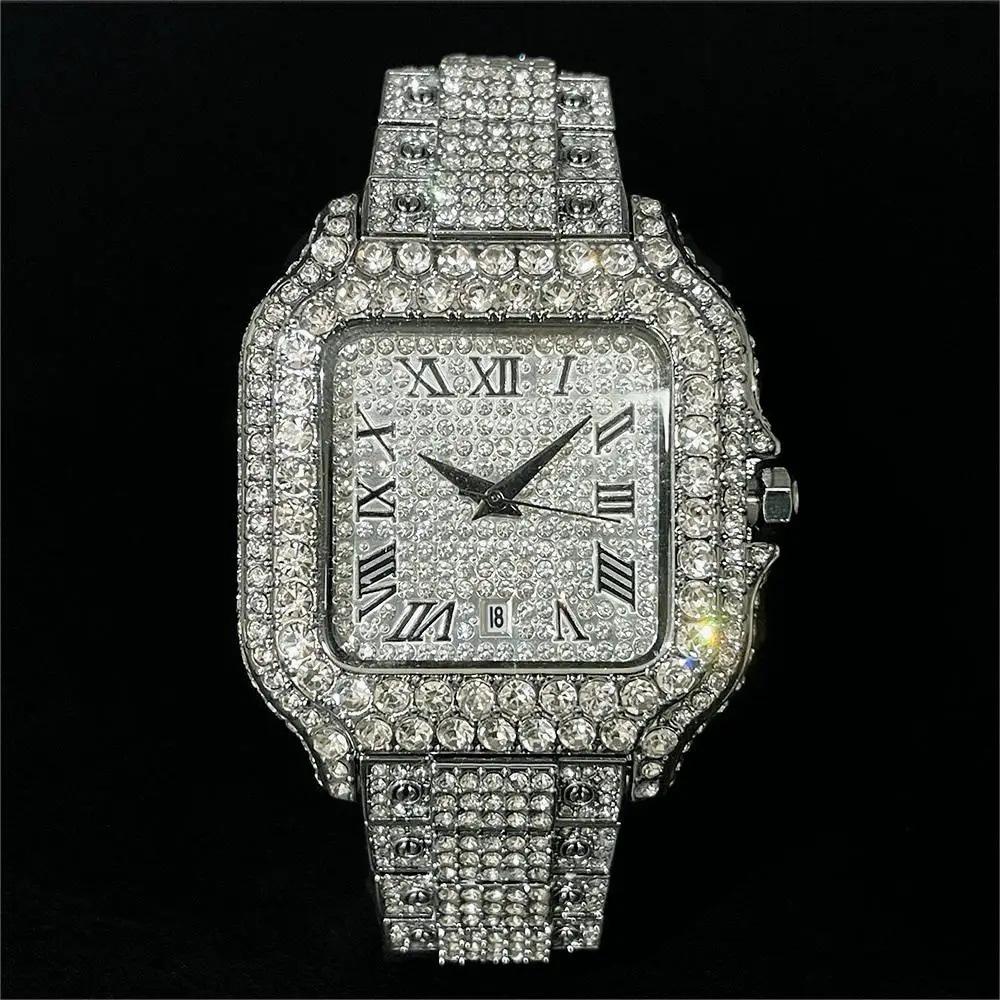 Missfox Watch Live Broadcast Popular European and American Hip-Hop Ice Watch Full Diamond Square Roman Scale Men's Quartz Watch