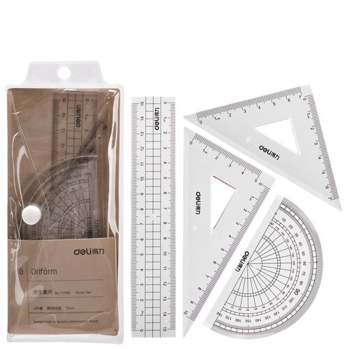 Deli 72004 set of rulers simple and transparent student exam drawing ruler triangle ruler protractor stationery wholesale