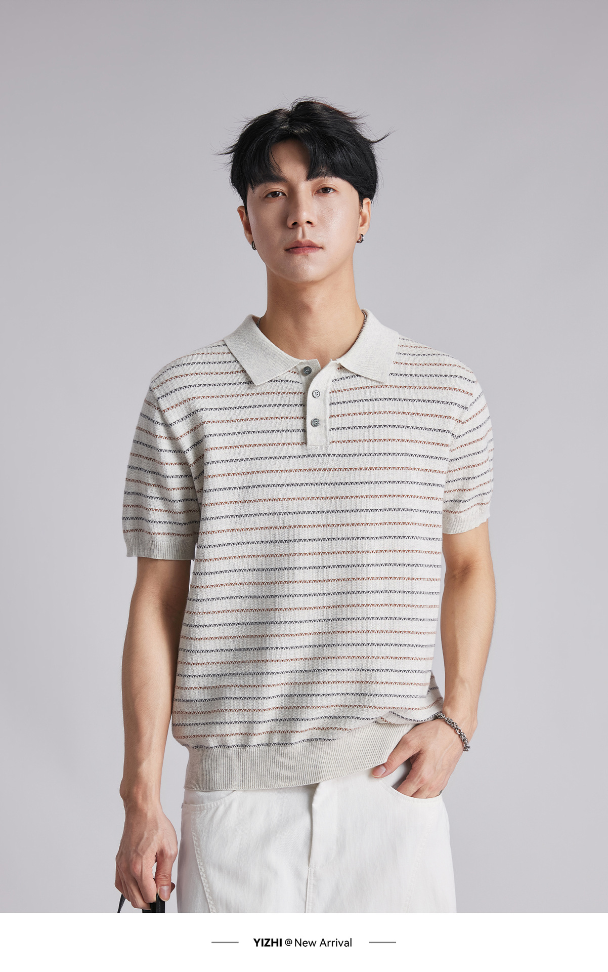 Áo polo nam dệt kim cotton sọc ngắn tay, phong cách old money, form ôm thoáng khí — Hạnh nhân sọc chi tiết 13