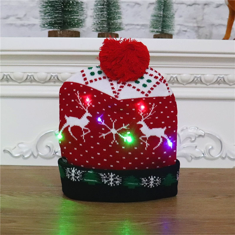 Вязаная LED-шапка для Рождества, унисекс, помпон, LED-огни, подходит детям и взрослым