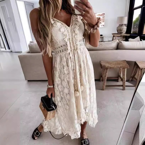 Summer European and American Lace Strappy Maxi Dress Gown in Solid Color