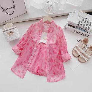 2025 New Summer Korean Style Kidsren's Fashionable Leopard Print Suit Girls Thin Sun Protection Jacket + Shorts Baby