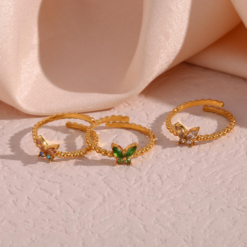 Zircon Inlay Material PVD Coated Real Gold Plated 18K Gold Butterfly 304 Stainless Steel Waterproof Non Tarnish Rings