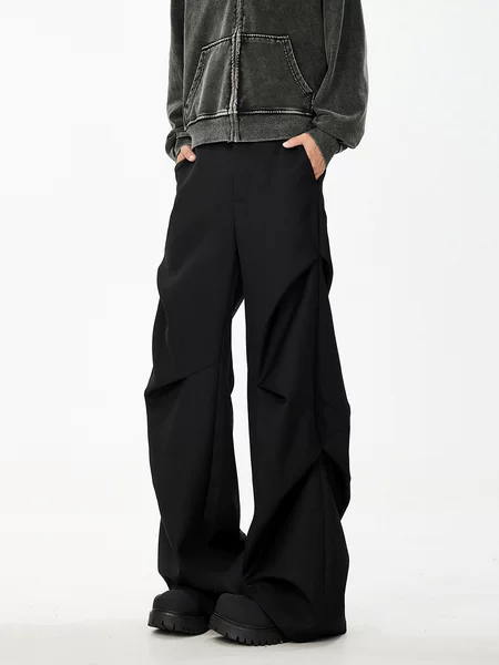 American-Style Fleece-Lined Thickened Pleated Parachute Pants, Winter Unisex Loose Casual Flared Pants, High-End Black Dress Pants, Trendy