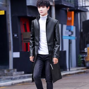 Autumn and Winter Men's New Vertical Collar Leather Coat Thin Fashionable Korean Style Handsome Cape Knee Thickened Youth Jacket