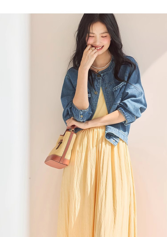 伊*L时尚全棉无领小香风牛仔外套2025秋季新款短外套女1G8911131|undefined