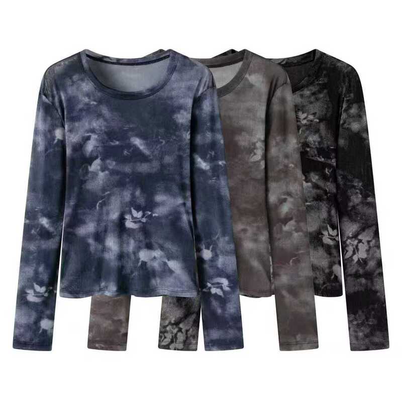 In stock 2026 autumn new vintage print mesh comfortable slim-fit skin-friendly long-sleeve T-shirt top A303165 In stock 2026 autumn new vintage print mesh comfortable slim-fit skin-friendly long-sleeve T-shirt top A303165