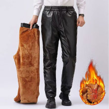 男士皮裤松紧腰加绒皮棉裤中老年挡风加厚保暖防油水机车工装裤