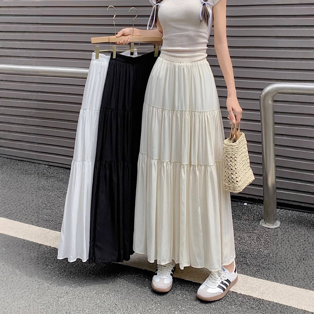 Spring and Autumn French-Style Versatile Solid Color Spliced High-Waisted Slimming Large Hem A-Line Casual Long Skirt for Women with Pear-Shaped Body Shape