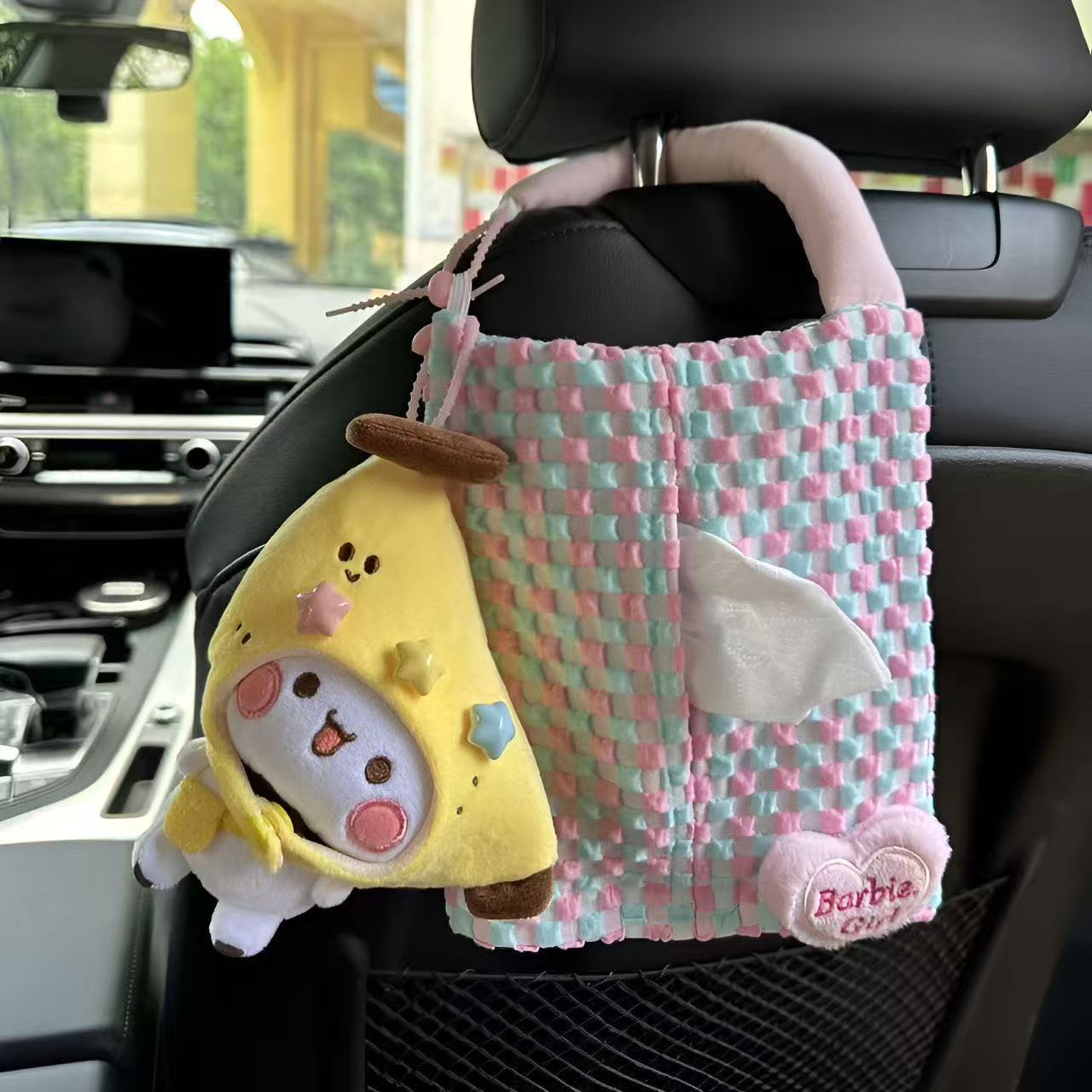 Cute Macaron Bubble Grid Car Seat Back Tissue Box Hanging Car Interior Decoration