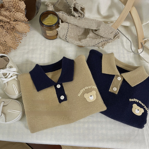 Spring  New Korean Print Forest Style Loose Knit Sweater for Boys and Girls, Children's POLO Collar Stylish Trendy Children's Clothing